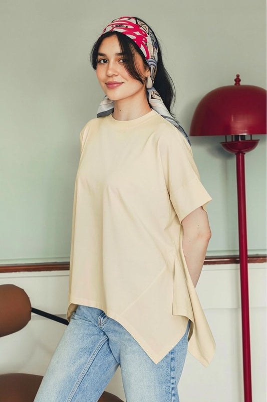 Asymmetric Cotton T-shirt -Beige