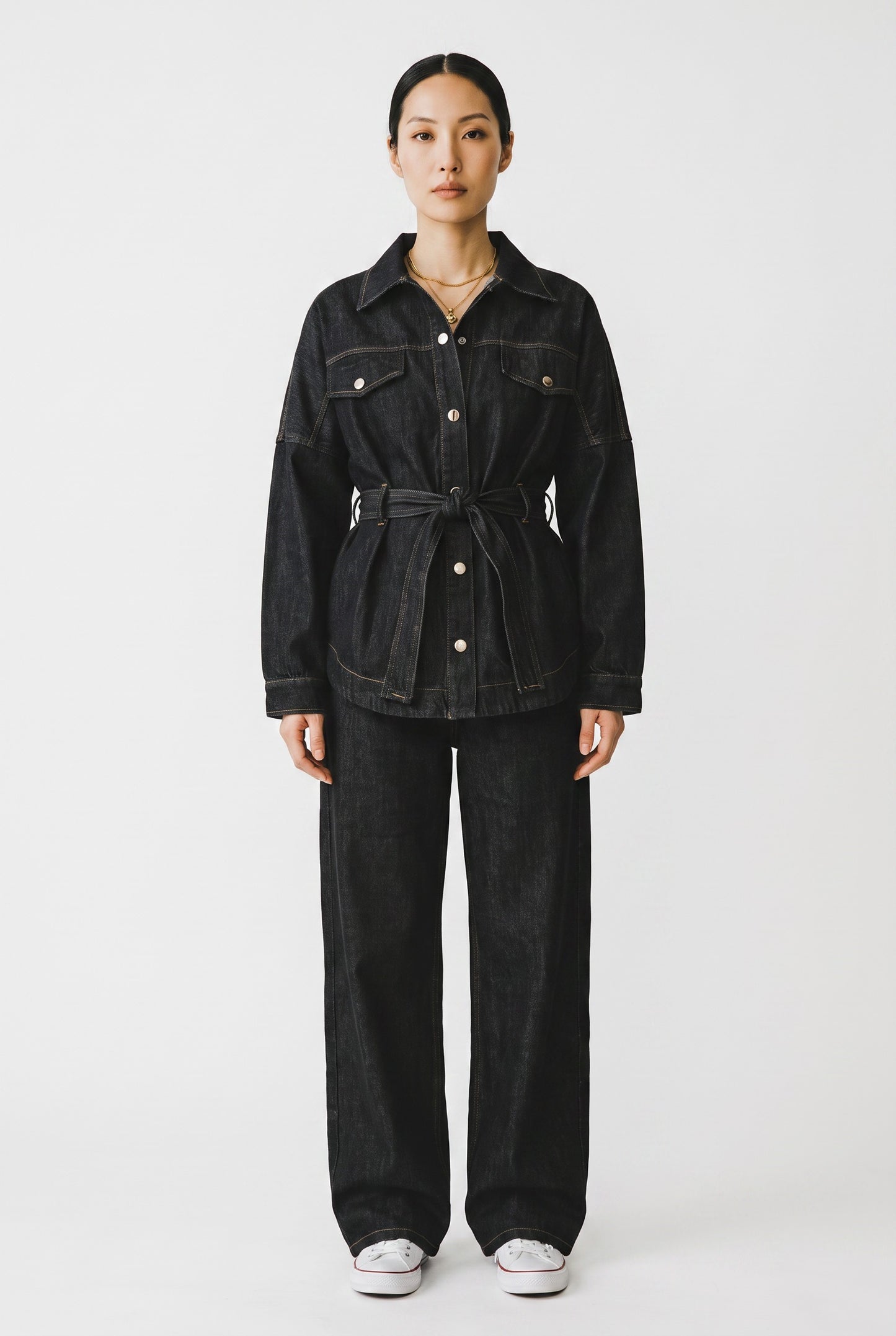 Barell Denim Pants Black White Stitching