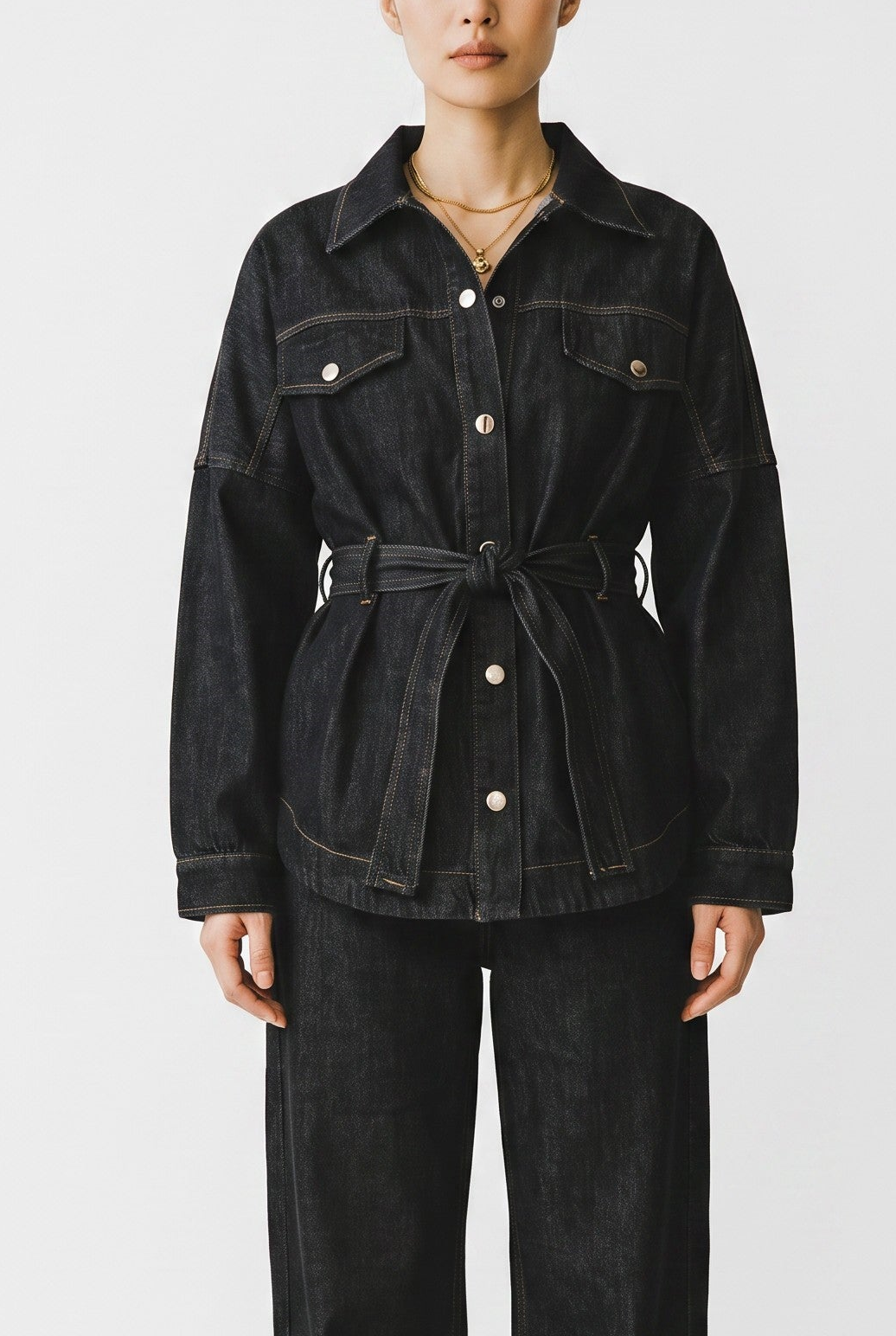 Belted Denim Jacket Black White Stitching