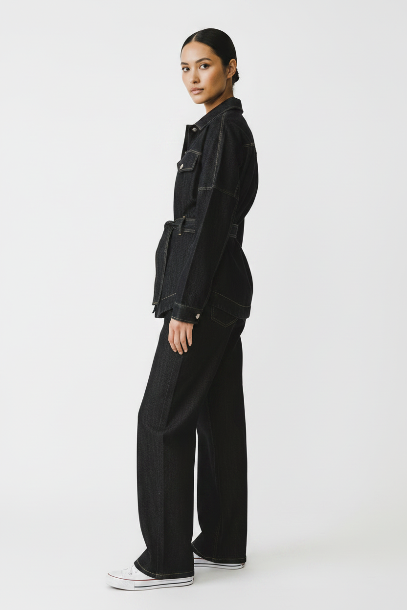 Barell Denim Pants Black White Stitching