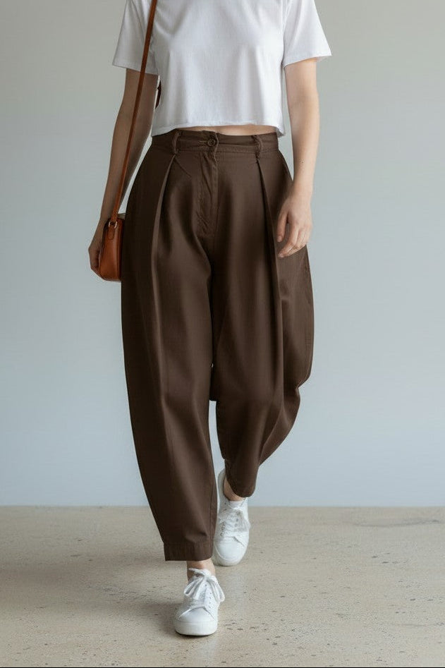 Pleated Barrel Pants Brown