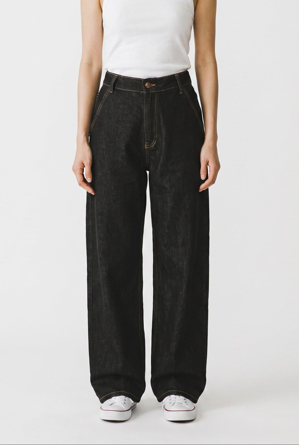 Barell Denim Pants Black White Stitching