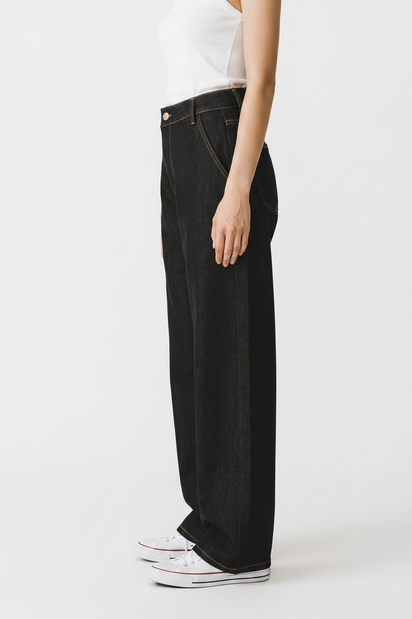 Barell Denim Pants Black White Stitching
