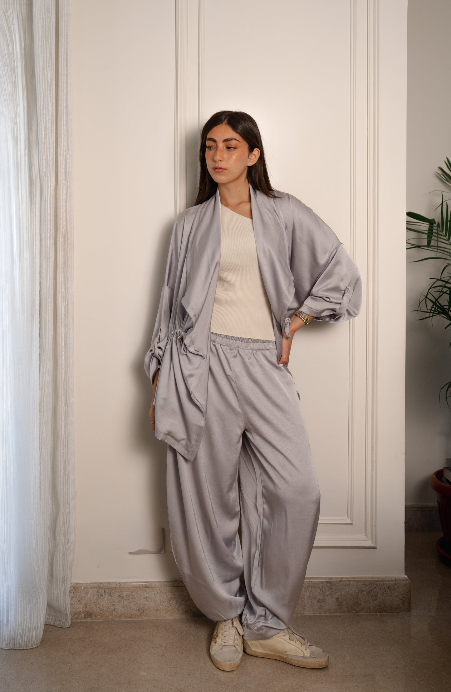 Crushed Satin Jacket - Silver Grey