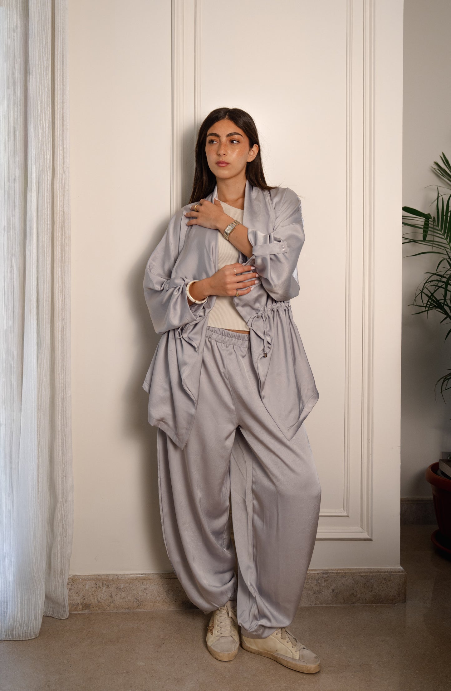 Crushed Satin Jacket - Silver Grey
