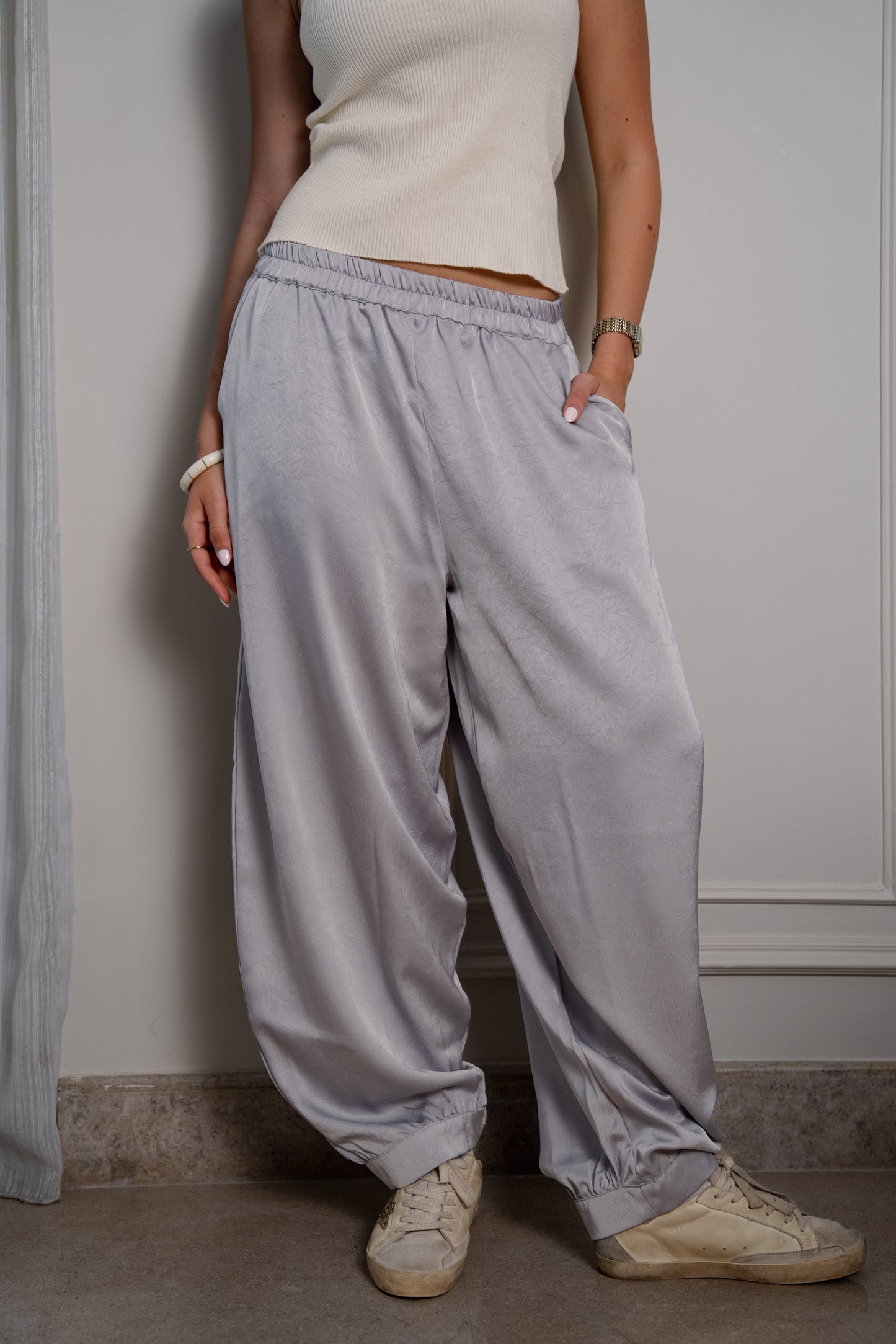 Crushed Satin Pants - Silver Grey