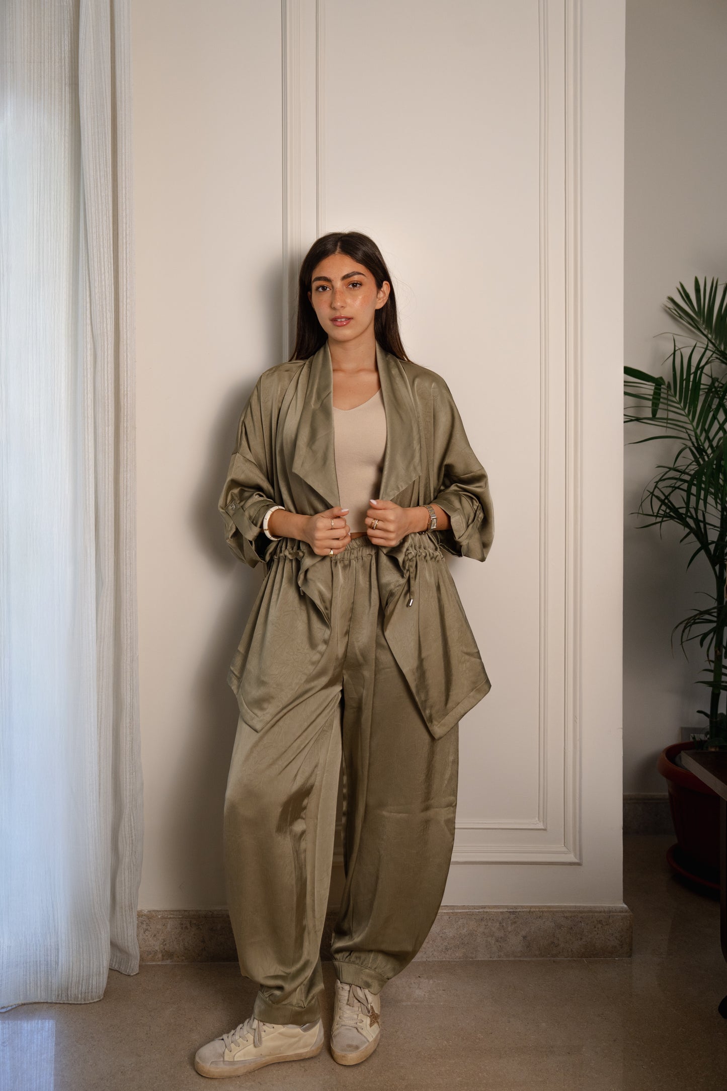 Crushed Satin Jacket - Light Olive