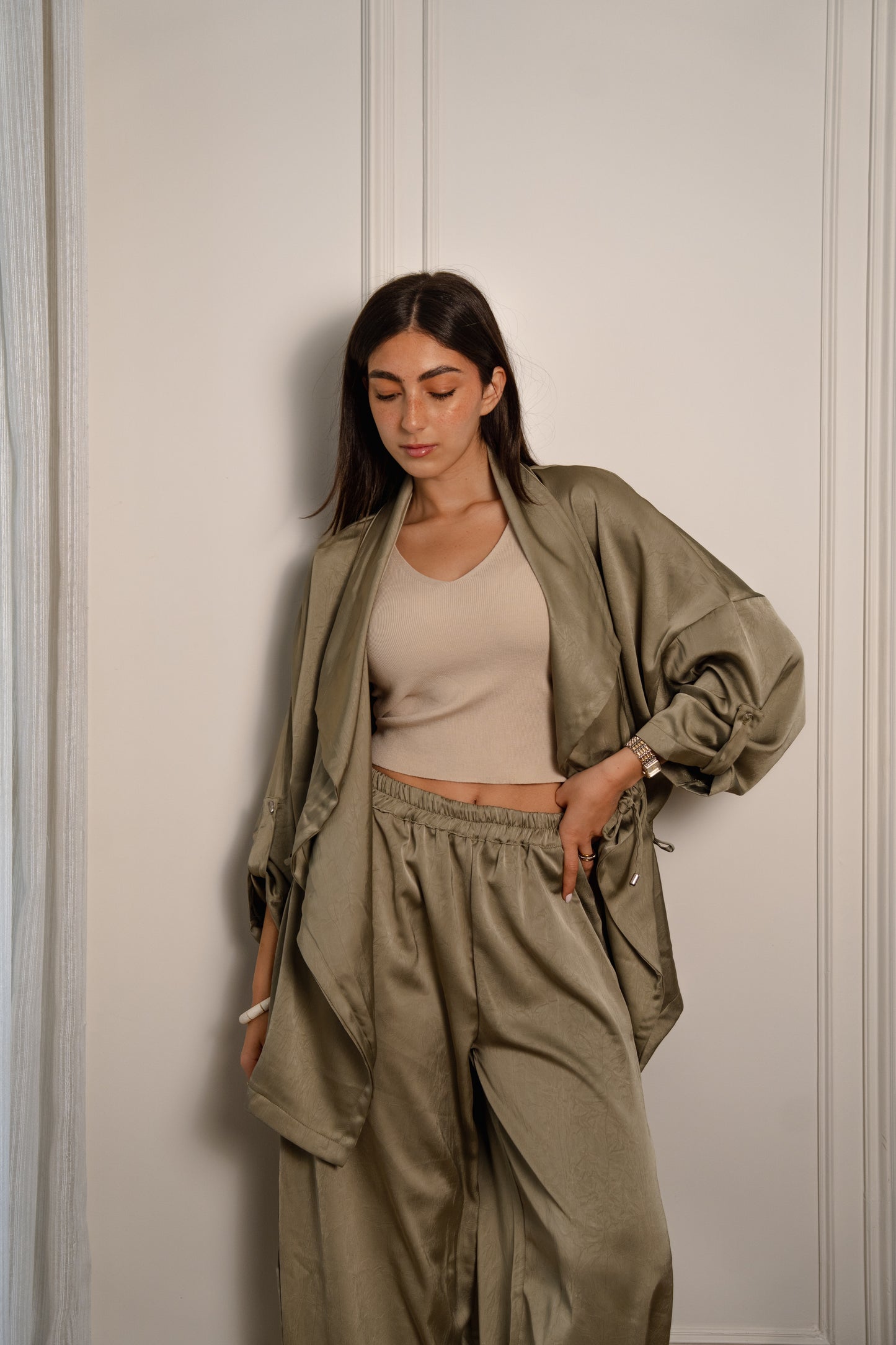 Crushed Satin Jacket - Light Olive