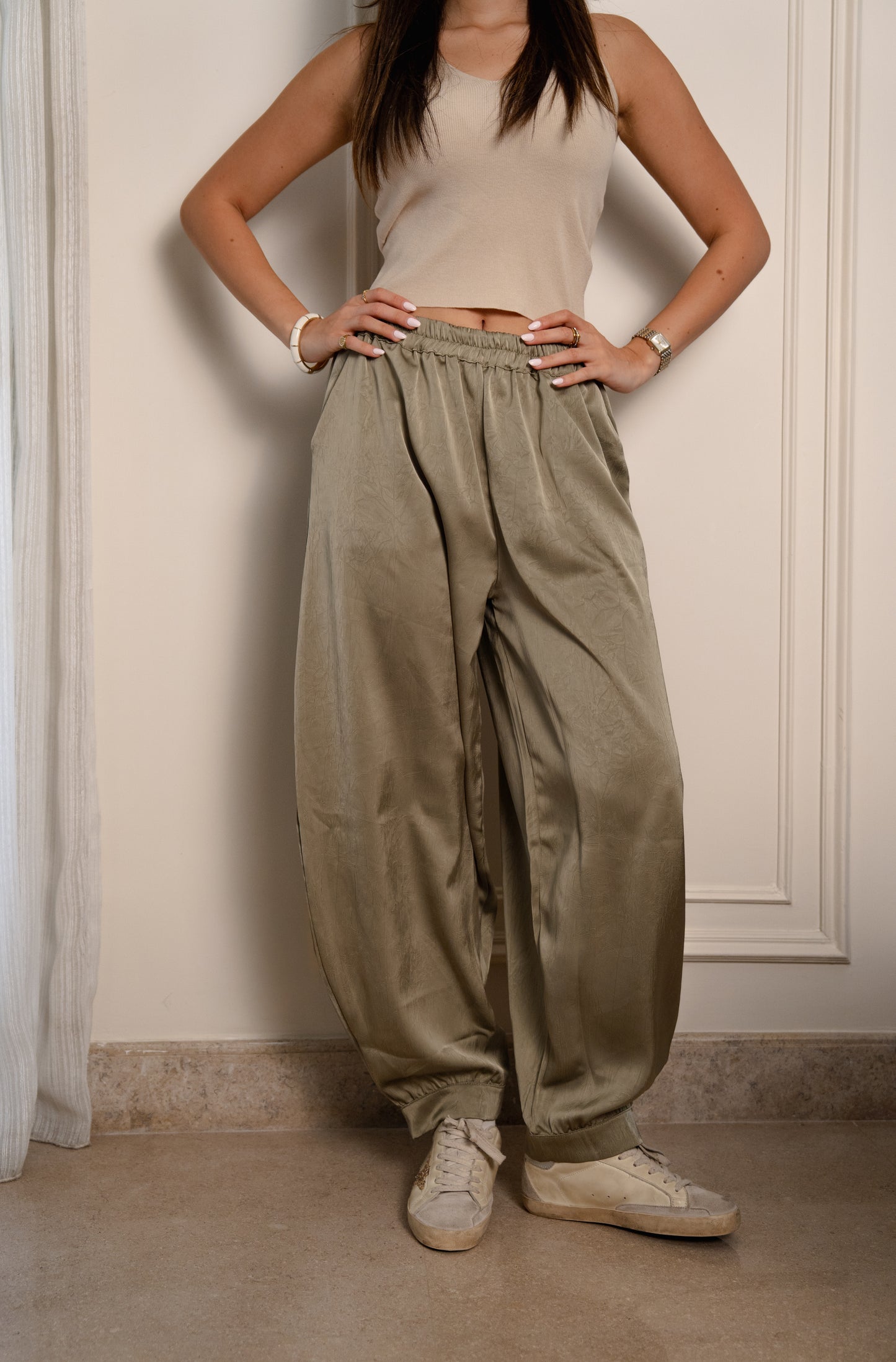 Crushed Satin Pants - Light Olive