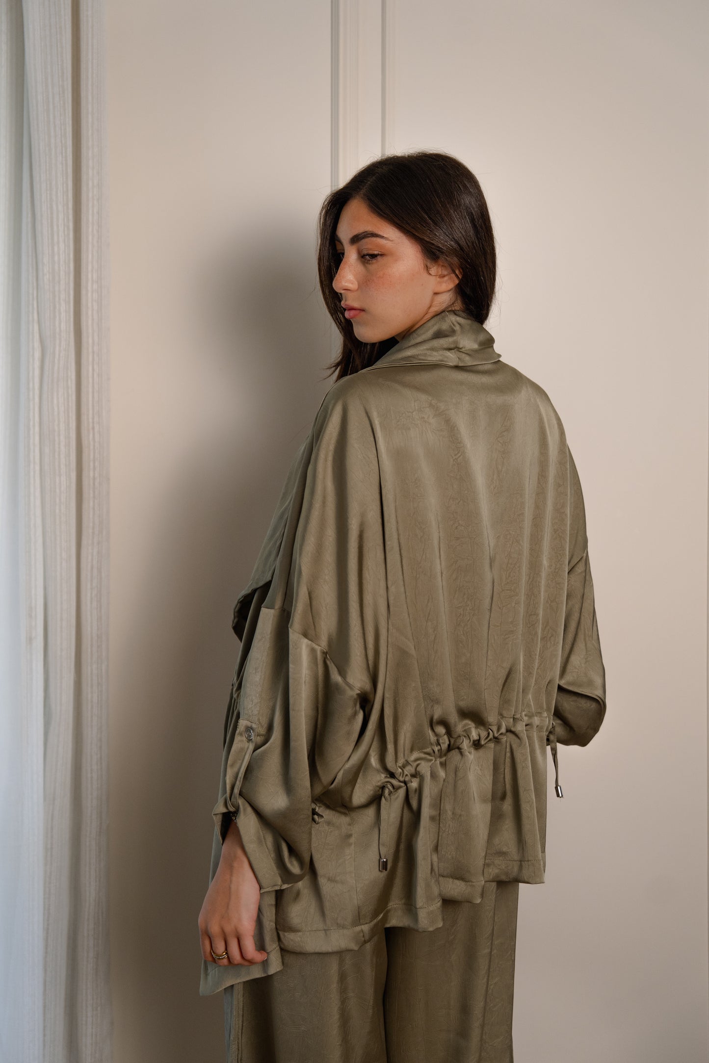 Crushed Satin Jacket - Light Olive