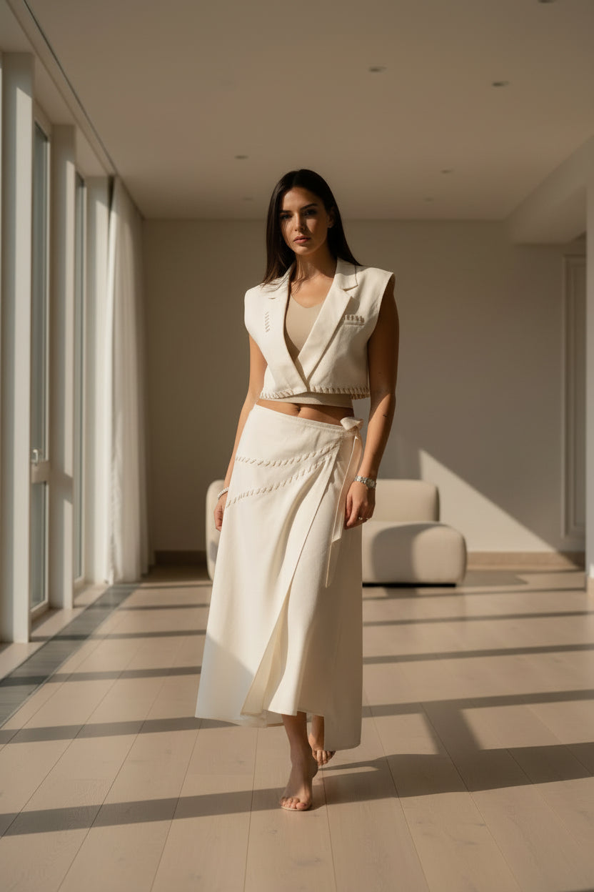 Hand Stitched Wrap Skirt - White