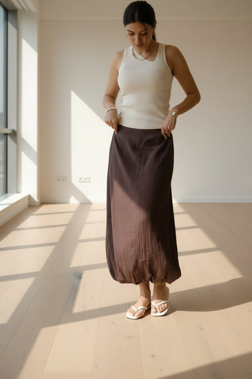 Crinkle Balloon Skirt - Brown
