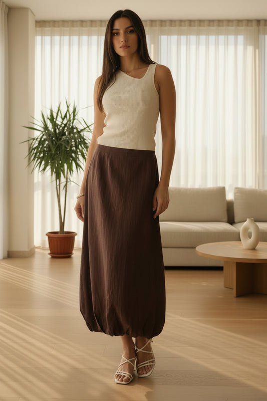 Crinkle Balloon Skirt - Brown