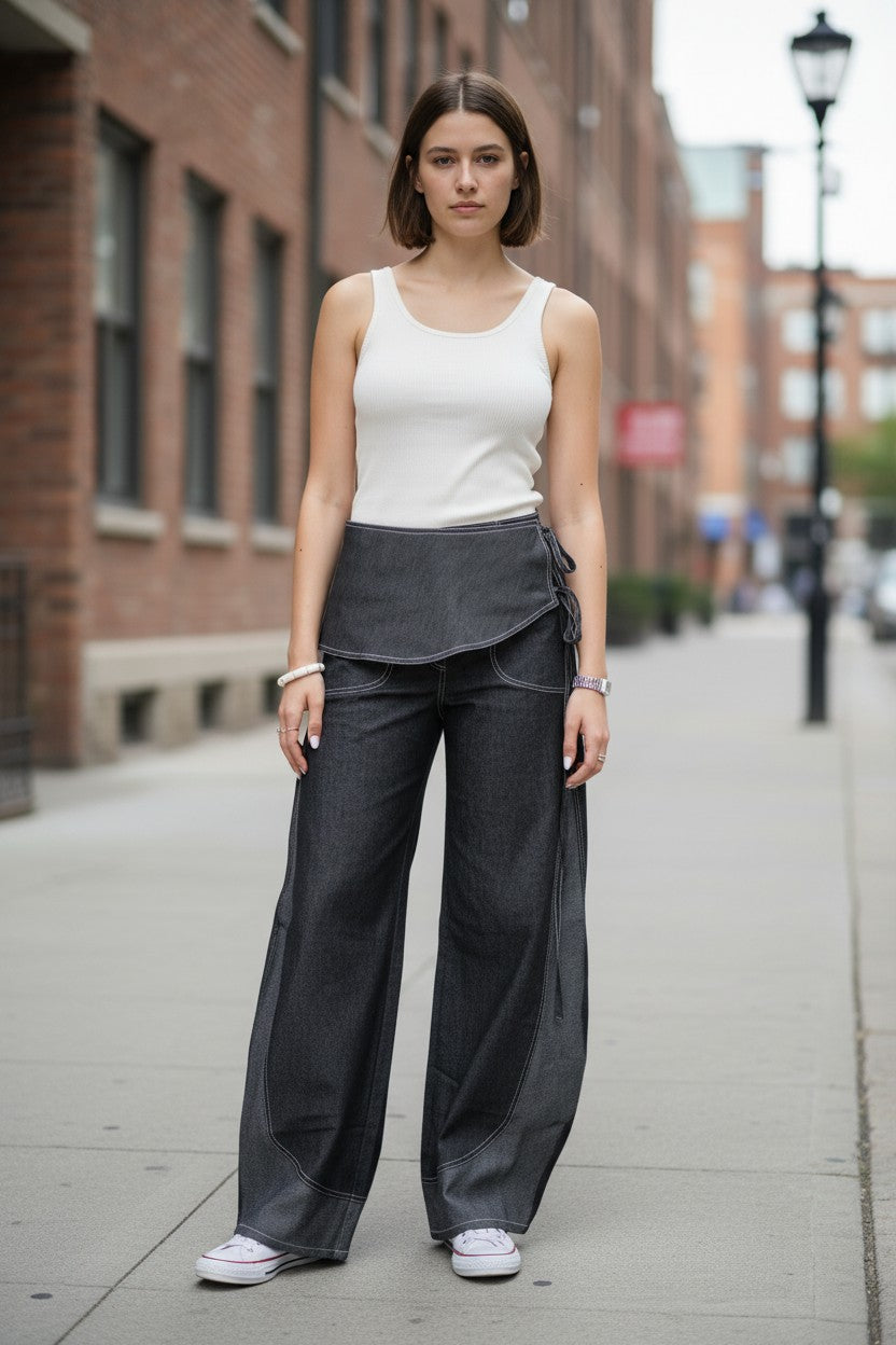 Two Tone Barrel Denim Pants - Black