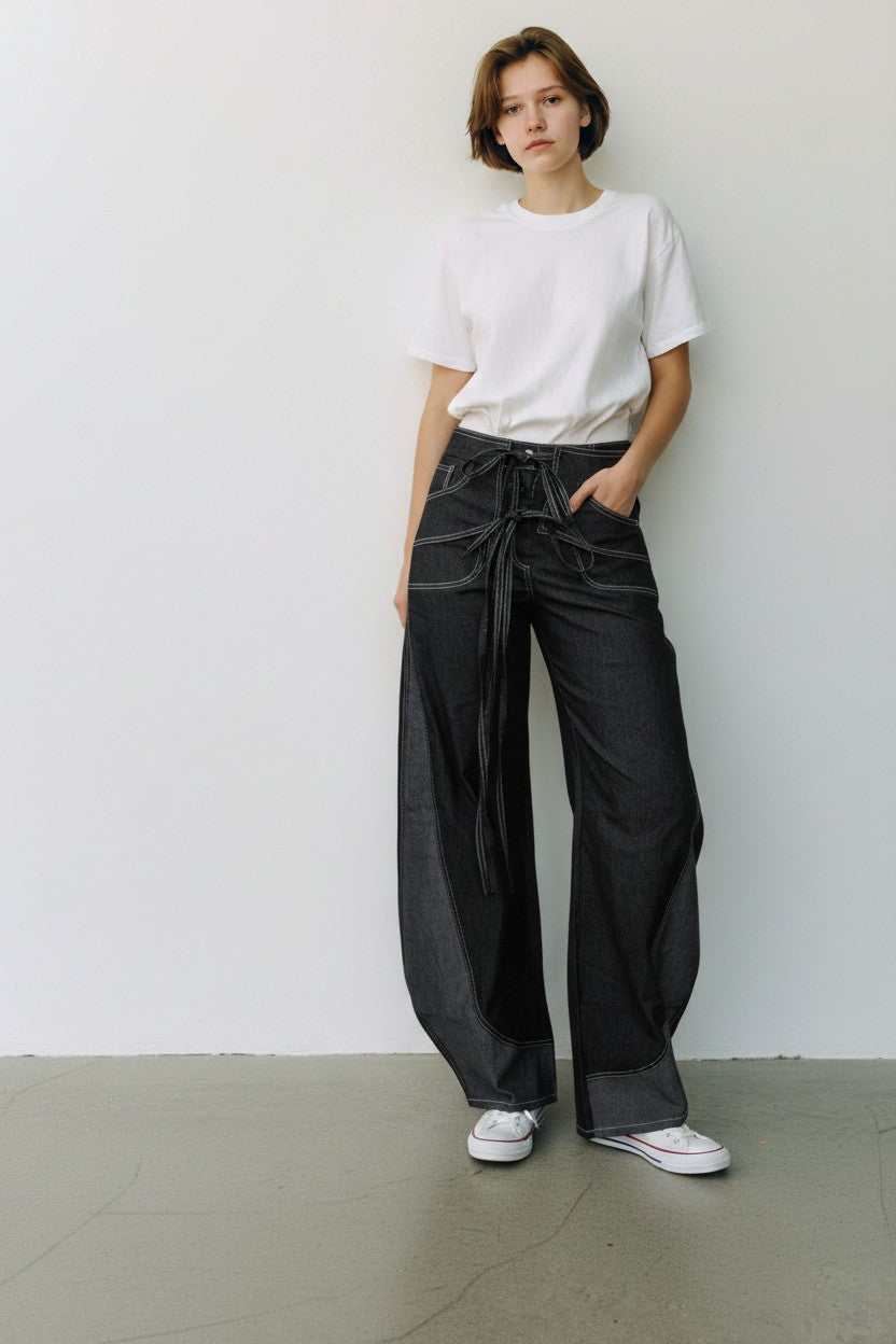 Two Tone Barrel Denim Pants - Black
