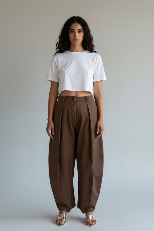 Pleated Barrel Pants Brown