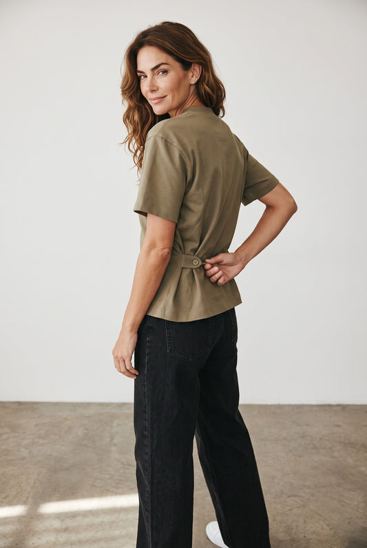 Side Buttons Cotton T-shirt - Light Olive