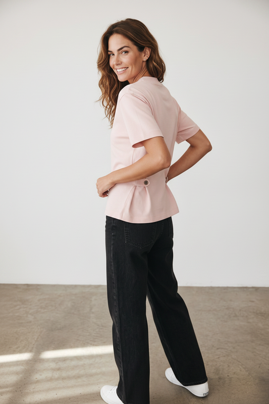 Side Buttons Cotton T-shirt - Pink