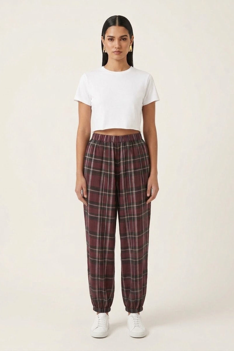Checkered Balloon Pants - Burgundy