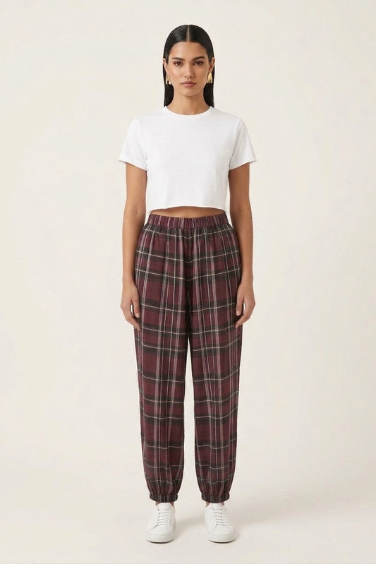 Checkered Balloon Pants - Burgundy