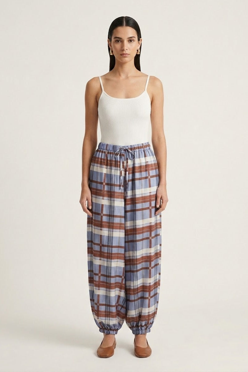 Checkered Balloon Pants - Blue