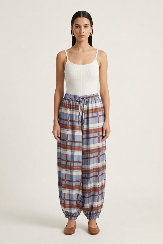 Checkered Balloon Pants - Blue