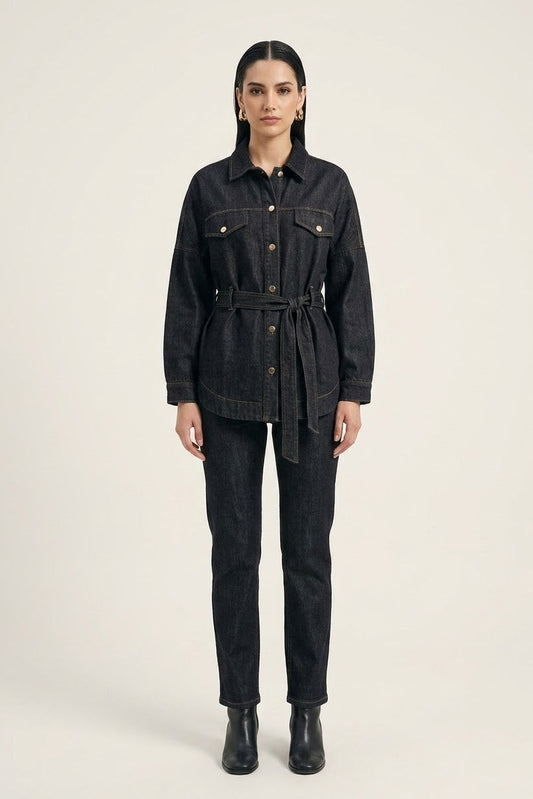 Belted Denim Jacket - Black & Brown Stitched
