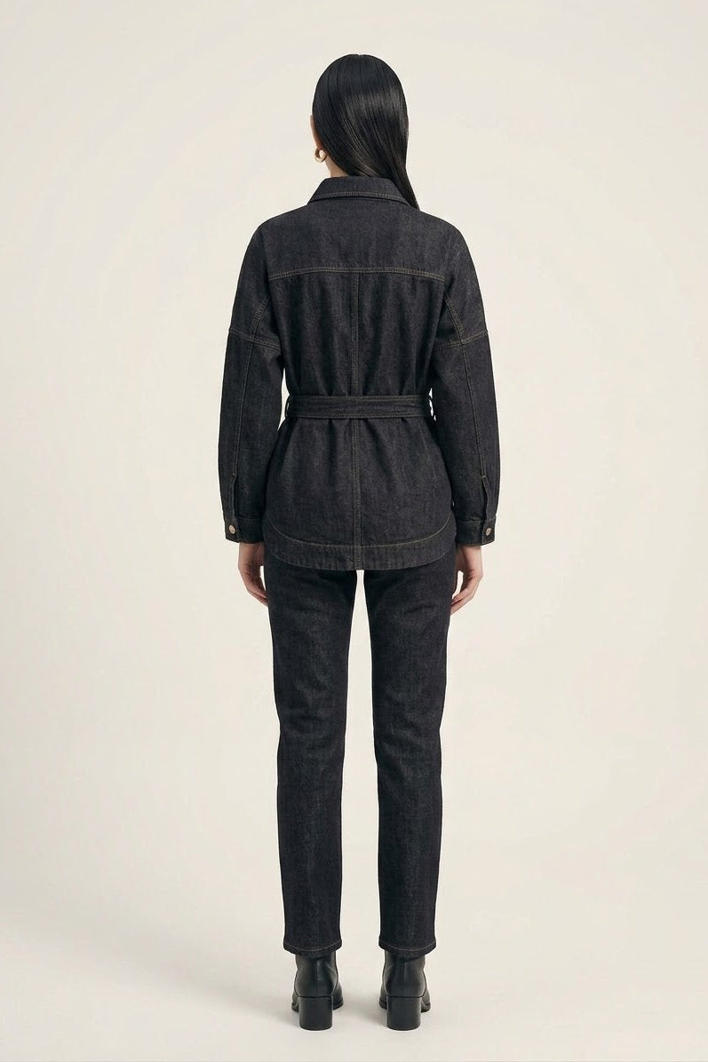 Belted Denim Jacket - Black & Brown Stitched