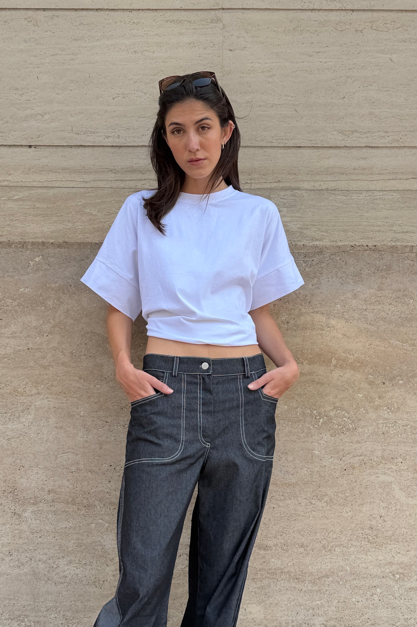 Two Tone Barrel Denim Pants - Black