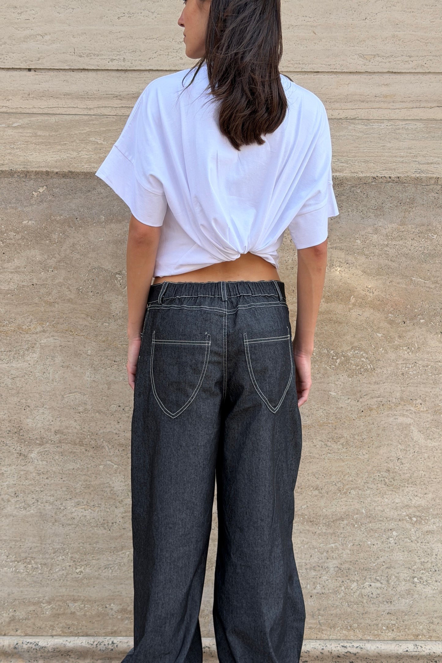 Two Tone Barrel Denim Pants - Black