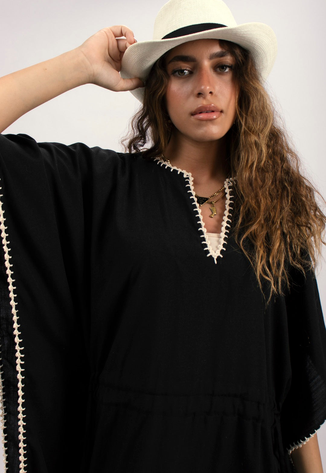 Handtrimmed Kaftan Dress - Black