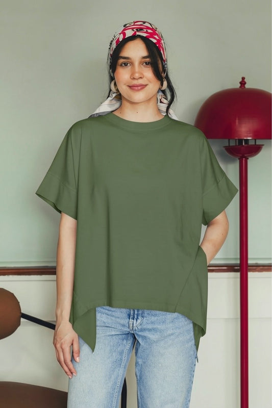 Asymmetric Cotton T-shirt - Dark Olive