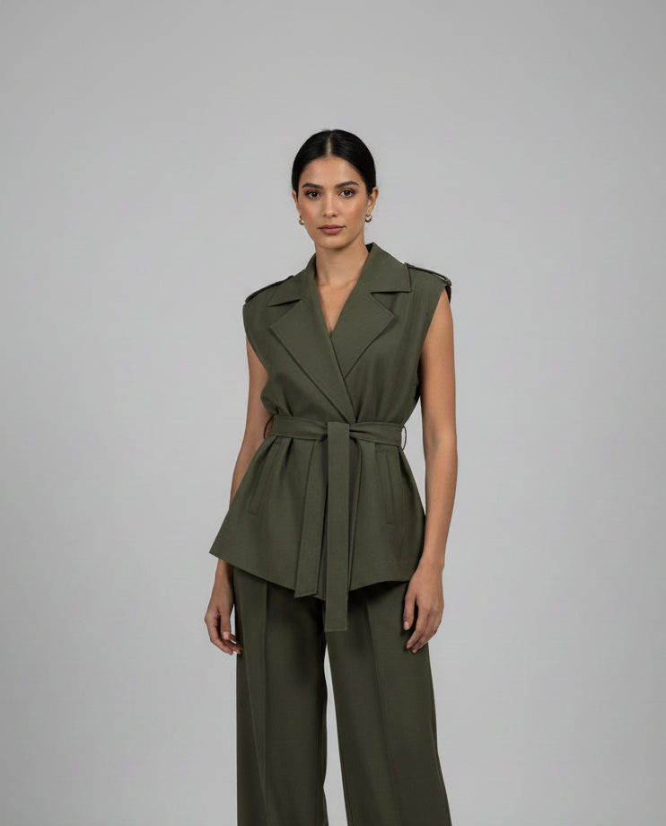 Tencel Belted Vest - Olive