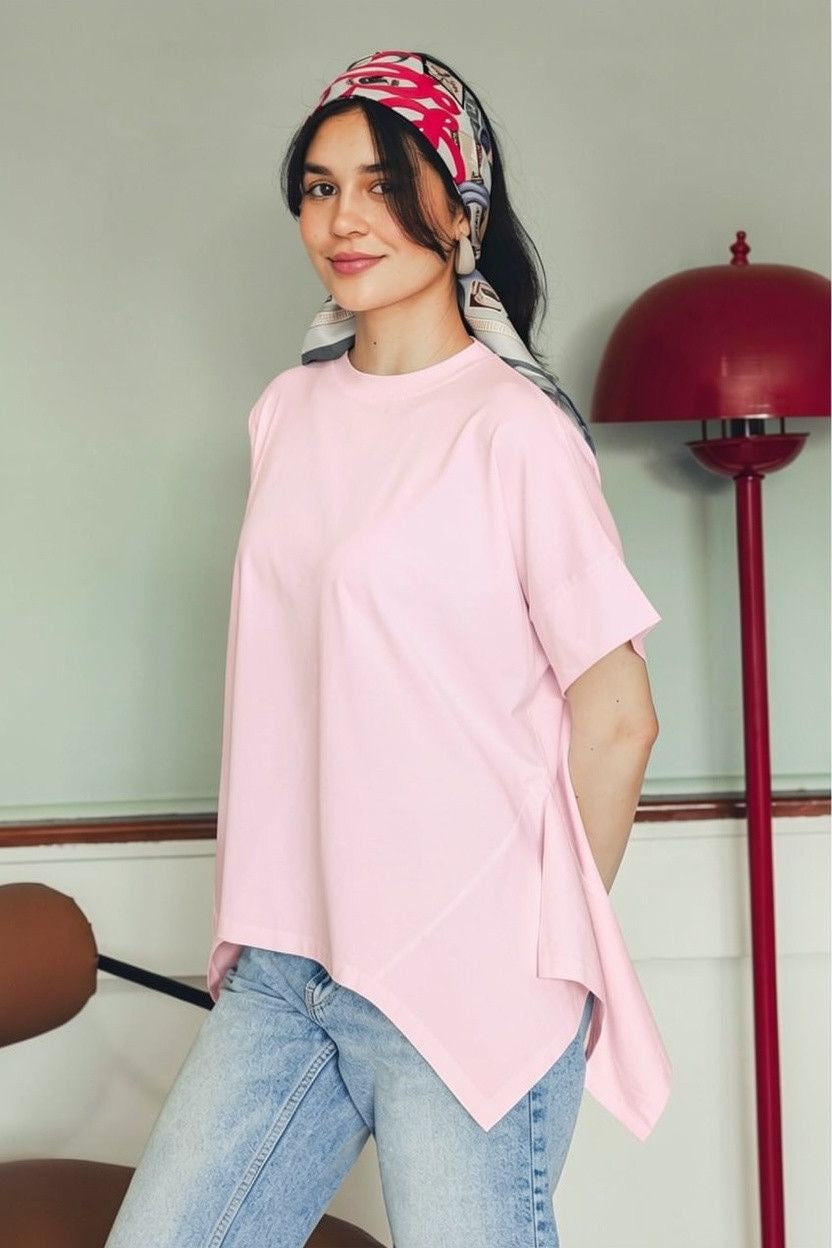 Asymmetric Cotton T-shirt -Pink
