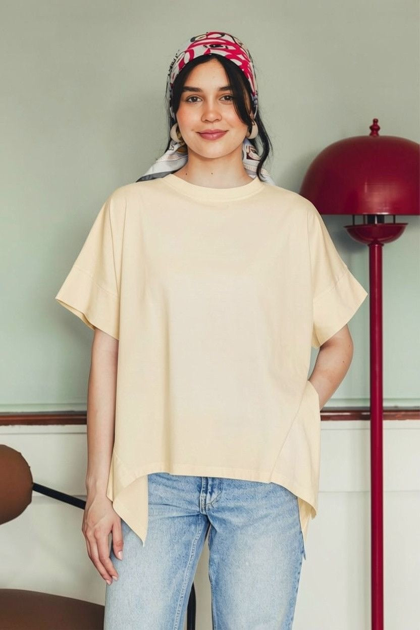 Asymmetric Cotton T-shirt -Beige