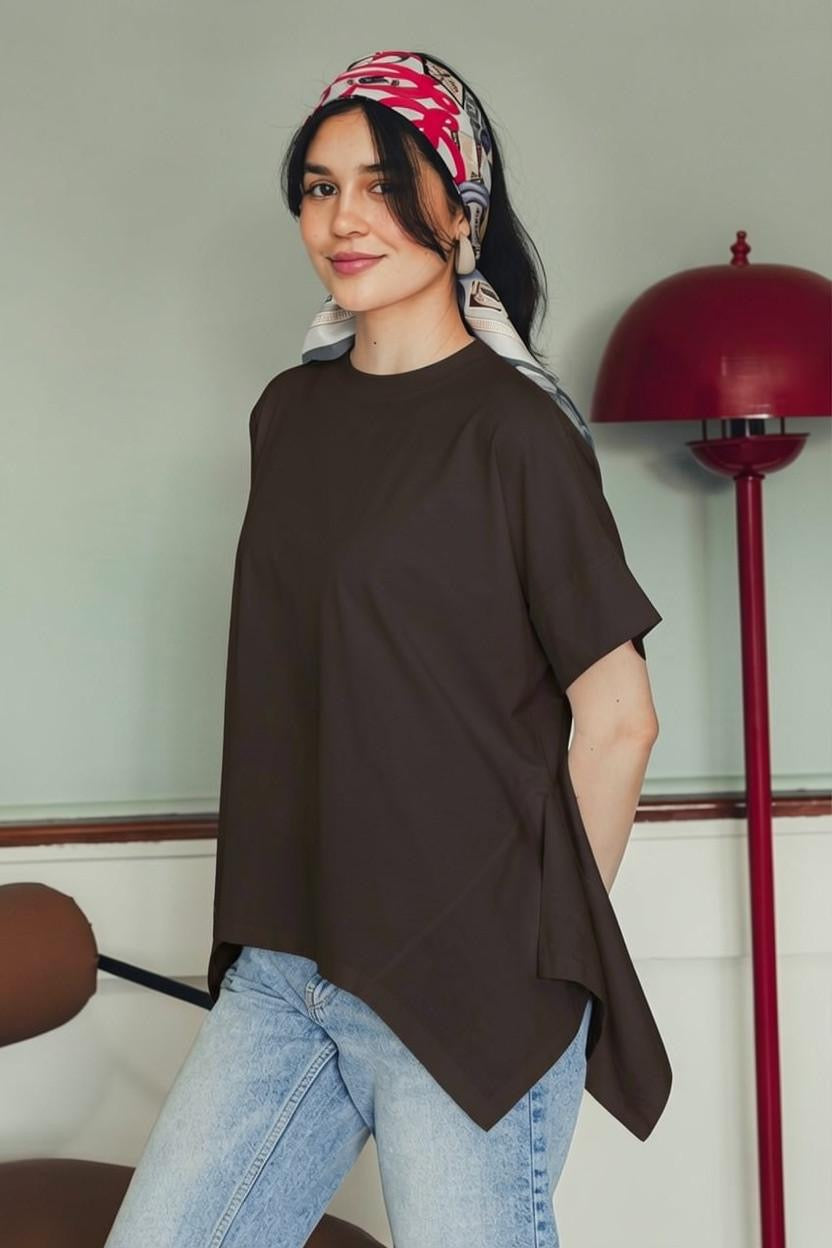 Asymmetric Cotton T-shirt -Brown