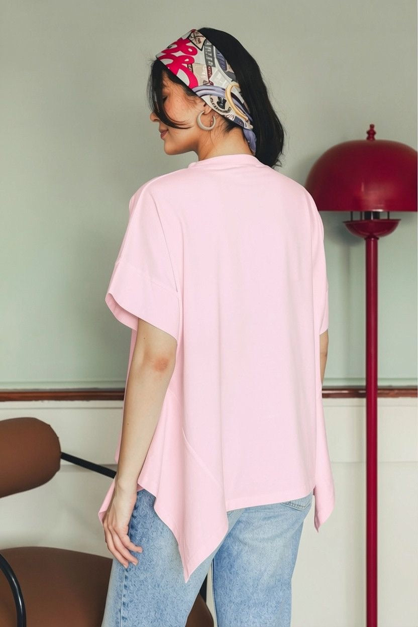 Asymmetric Cotton T-shirt -Pink
