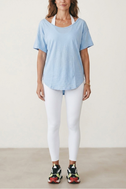 Boat Neck Cotton T-Shirt - Baby Blue